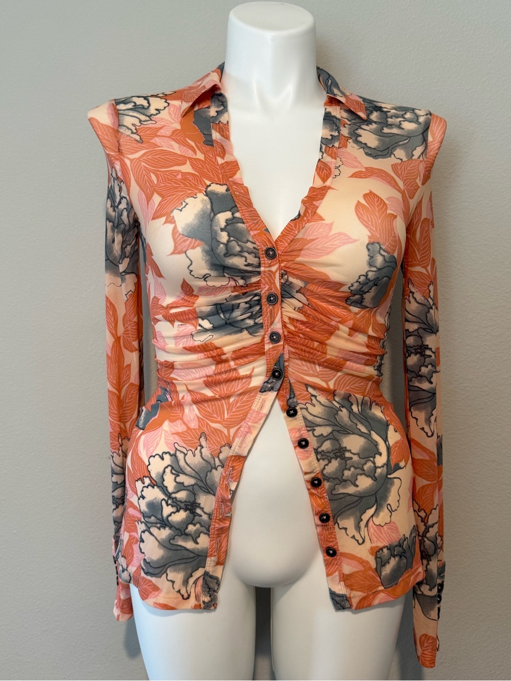 Free People Peach Floral Button-Front Top